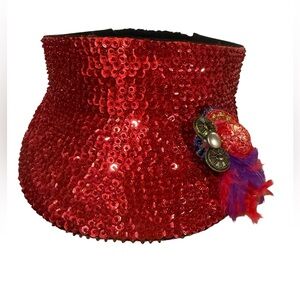 Handmade Red Hat Society Sequin Visor with Feather & Hat Pin Detail 2 for $30